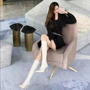 Сапоги на высоком каблуке для женщин весна осень и зима мода мягкая кожа универсальные сапоги с высоким носком длиной до колена плюс размер 40 35 бежевый