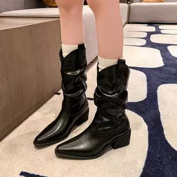 Сапоги на высоком каблуке до середины голени с плиссе для женщин, осень-зима, коричневые, из искусственной кожи, вестерн, женские, на толстом каблуке, ковбойские, Botas Mujer 35