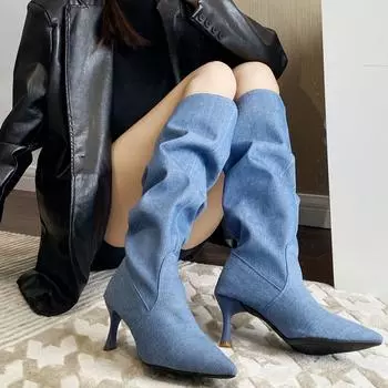 Сапоги на высоком каблуке Европейские и американские красотки остроносые сапоги на тонком каблуке штабелируемые сапоги 35