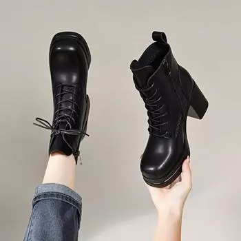 Сапоги на высоком каблуке Модные кожаные сапоги 34 чёрный