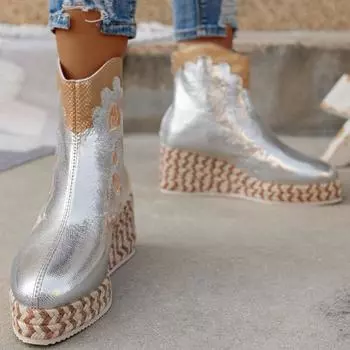 Сапоги на высоком каблуке с толстым каблуком, острым носком, вышитой молнией сзади, зимние, в этническом стиле из соломы и пеньковой веревки 36 золотой