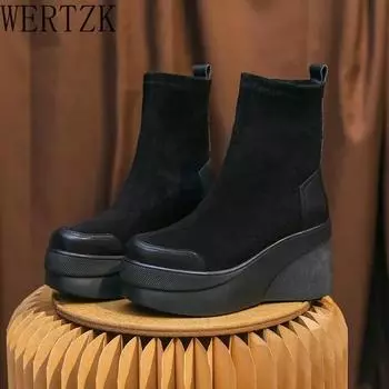 Сапоги на высоком каблуке, женские ботильоны с круглым носком, женские сапоги на танкетке, классические сапоги до колена, классические эластичные ботинки 40 чёрный