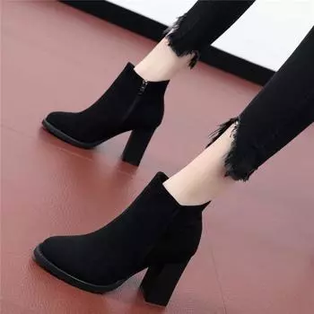 Сапоги на высоком каблуке женские осенне-зимние новые британские короткие сапоги на толстом каблуке универсальные черные теплые нескользящие ботинки Martin 34
