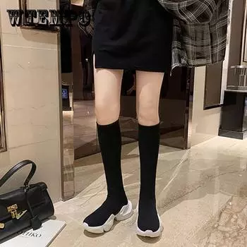 Сапоги ниже колена в европейском и американском стиле, трикотажные эластичные спортивные ботинки на танкетке, длинные носки-трубы, женская обувь 40 чёрный