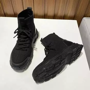 Сапоги-носки женские осенние новые трикотажные эластичные короткие ботильоны на платформе со шнуровкой повседневные уличные спортивные короткие ботинки черные ботинки 35 чёрный