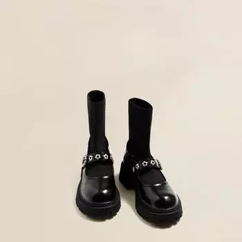 Сапоги-носки женские весенние и осенние студенческие английские сапоги с толстой подошвой и утолщением Mary Jane Foreign Gas тонкие ботинки Martin 35 чёрный