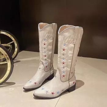 Сапоги рыцаря с вышитыми ретро-звездами, женские остроносые ковбойские туфли в стиле вестерн, высокие сапоги до колена на толстом среднем каблуке 35