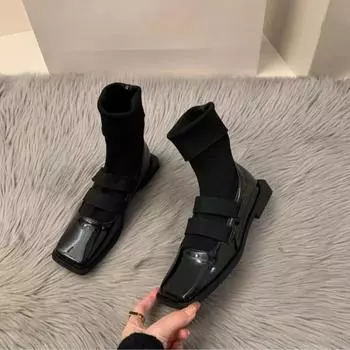 Сапоги с квадратными вязаными носками в британском стиле 2024 года, новые женские сапоги, высококачественные утягивающие мокасины, женские ботильоны, одинарные туфли 35 матовый черный