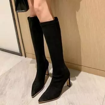 Сапоги с острым носком и коленом, высокие женские зимние сапоги 2024 года, модные сапоги на шпильке, новинка, женские длинные туфли для женщин, черные, осень 34 чёрный