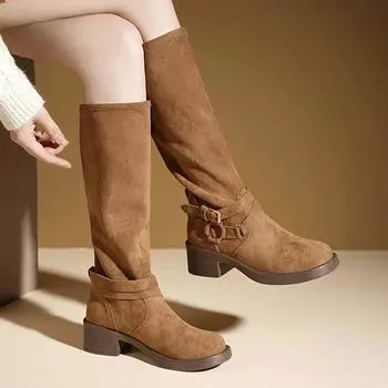 Сапоги с острым носком и складками, женские, черные, телесного цвета, из искусственной замши, высокие сапоги до колена, женские ковбойские сапоги на низком толстом каблуке, большие размеры 35