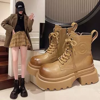 Сапоги с толстой подошвой, женские, весна-осень, ретро-сапоги из ревеня на высоком каблуке, массивные мотоциклетные ботинки 35 хаки