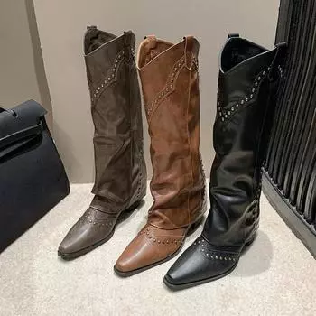 Сапоги с заклепками, Сапоги на высоком каблуке, Сапоги с острым носком на толстом каблуке, Женские сапоги 35 чёрный