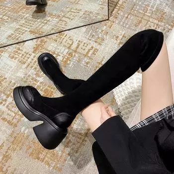 Сапоги Сапоги женские 2024 осень и зима новые модели не спадают труба Сапоги на толстом каблуке Увеличивают рост и показывают худобу Эластичные высокие сапоги 35