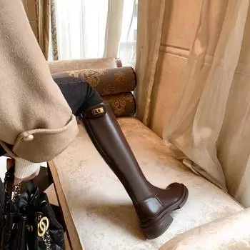Сапоги Sheii Su Yinyin Miss Bonnie Knight Boots - маленькая золотая пряжка, круглая носовая часть, толстая подошва, высокие сапоги для осени и зимы velvet lining, 39 чёрный