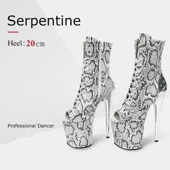 Сапоги со змеиным узором 20 см, женские короткие сапоги на толстой подошве и толстом каблуке на очень высоком каблуке, сандалии для подиумных танцев на шесте, большие размеры 35
