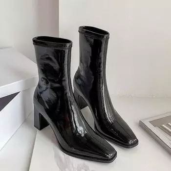 Сапоги средней длины из лакированной кожи с квадратным носком, женские на толстом каблуке, на высоком каблуке, сапоги-мартинсы, утягивающие и модные короткие сапоги 35