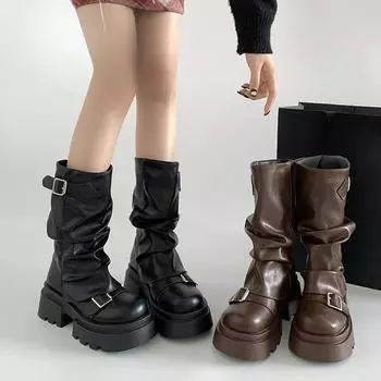 Сапоги средней длины женские новые осенние толстые подошвы с мягкой подошвой, нескользящие сапоги с рукавами 35 чёрный