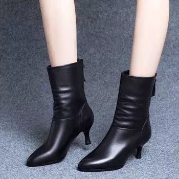 Сапоги средней длины, женские высокие каблуки, высокие сапоги из мягкой кожи, модные туфли на тонком каблуке с острым носком, модные ботинки 35