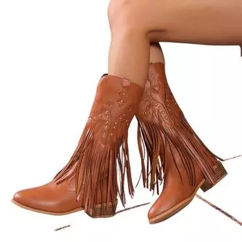 Сапоги SyfIyno на танкетке с толстым каблуком, женские, с заклепками и кисточками, в стиле вестерн, коричневые ковбойские сапоги из искусственной кожи для женщин, ковбойские сапоги 36 чёрный