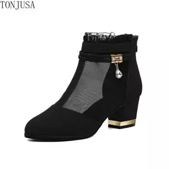 Сапоги в сетку, сандалии на среднем каблуке, кружевная обувь, женские туфли-лодочки со стразами, весна-лето 2022, Mujer, красивые черные туфли 35 чёрный