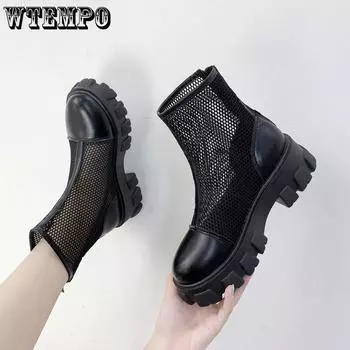 Сапоги в сетку, женские дышащие тонкие крутые сапоги в британском стиле на весну и лето с сетчатой поверхностью на толстой подошве 35 чёрный