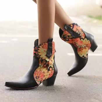 Сапоги в стиле вестерн-ковбой с принтом, острым носком, толстым каблуком, высокой пяткой, молнией сзади и ботильонами для верховой езды 35 оранжевый