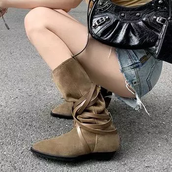 Сапоги в стиле вестерн-ковбой Сапоги до колен Женские сапоги Летние сапоги Остроконечные сапоги на толстом каблуке Прямые сапоги Высокие сапоги Сапоги для наездников 35