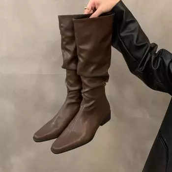 Сапоги Wellington из мягкой кожи в стиле ретро на толстом каблуке с плиссировкой и наборными сапогами до бедра, осенние модные удобные ковбойские сапоги скинни с тонкими каблуками 35 белый