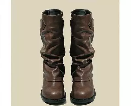 Сапоги Western Cowboy Retro Leather American Niche Retro с толстым каблуком и ворсом, короткие плиссированные сапоги, взрывные рыцарские женские сапоги 35