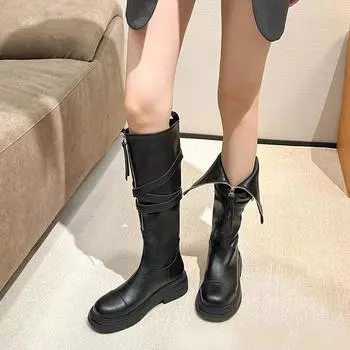 Сапоги Western Knight до колена, женские сапоги до бедра, черные, готические, женские, 2024, с пряжкой на ремне, на молнии, на толстой подошве, на плоской подошве, женские 35 чёрный