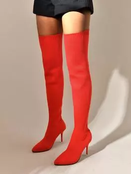 Сапоги выше колена для женщин 2024 осень и зима новые большие размеры на тонком каблуке с острым носком вязаные эластичные носки сапоги для женщин 36 красный