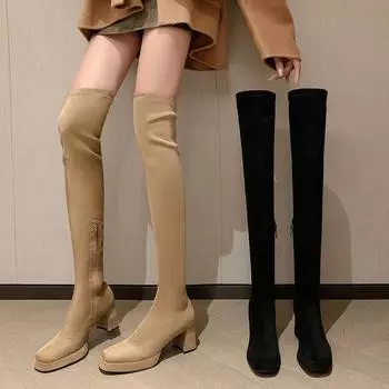 Сапоги выше колена из эластичного флока, осенне-зимние, с круглым носком, на молнии, женские туфли, квадратные высокие каблуки, модные длинные сапоги, большой размер 34-42 35