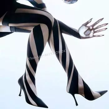 Сапоги выше колена из сетчатой ткани 2025 года, полосатые туфли на шпильках разных цветов, с острым носком, ботильоны до щиколотки, женская модная обувь 35