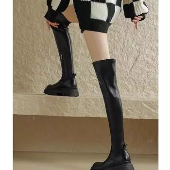 Сапоги выше колена на резинке женские новые модные темпераментные сапоги на толстом каблуке и платформе персонализированные удлиненные сапоги прилив 35 чёрный