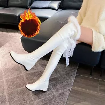 Сапоги выше колена на увеличенной внутренней танкетке, женские осенне-зимние зимние сапоги, эластичные высокие сапоги, бархатные кожаные сапоги до бедра 36 чёрный