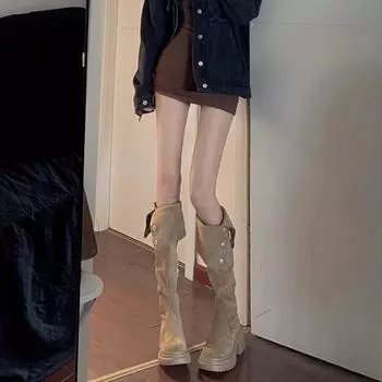 Сапоги выше колена с небольшим внутренним увеличением высоты. Детские складные ботинки Майяра на осень и зиму, новые, на толстой подошве, для ношения в два приема. 35 чёрный