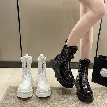 Сапоги выше колена с толстой подошвой и круглым носком. Высокие рыцарские сапоги. Маленькие и узкие эластичные сапоги. Женский бисквитный торт. 35
