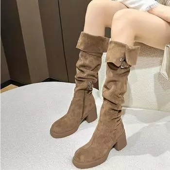 Сапоги выше колена, замшевые сапоги Coe, высокие зимние сапоги с застежкой-молнией, круглый носок, теплая плюшевая внутренняя часть, Botines Botas Mujer 2024 34 коричневый