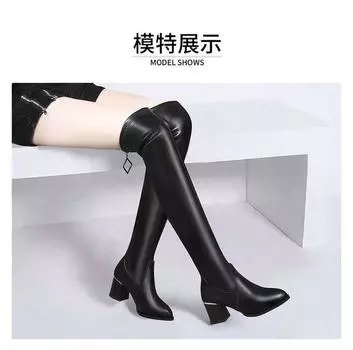 Сапоги выше колена женские зимние 2024 новые эластичные сапоги тонкие высокие сапоги женские бархатные теплые модные кожаные сапоги на толстом каблуке 35