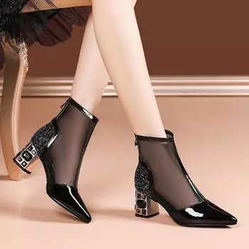 Сапоги Женская обувь Противоскользящие ботинки с острым носком на тонком каблуке и сеткой 38 чёрный