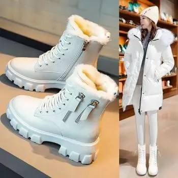 Сапоги Женская обувь Wild Plus Бархатные осенние и зимние зимние хлопковые туфли Короткие сапоги на толстой подошве 41 белый