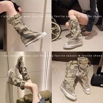 Сапоги женские 2024 года, новые ретро-сапоги с плоским дном и граффити, средние, сексуальные трендовые, сексуальные трендовые, модные, штабелируемые сапоги Tide 35 хаки