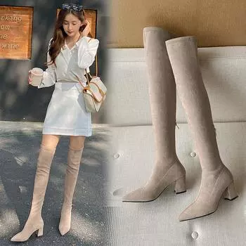 Сапоги Женские эластичные сапоги Сапоги с острым носком на высоком каблуке Женские сапоги выше колена Замшевые высокие сапоги цвета хаки 35