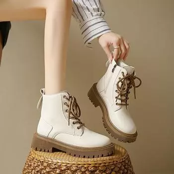 Сапоги женские британские взрывы тонкий увеличение ретро толстый корейский Джокер осень и зима новые сапоги 35 бежевый