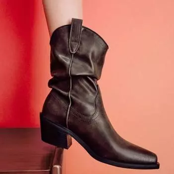 Сапоги женские, до середины голени, рыцарские сапоги, остроконечные, на толстом высоком каблуке, короткие сапоги, узкие, многослойные сапоги, модные и удобные для женщин 35 чёрный