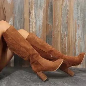 Сапоги женские ковбойские каблуки вестерн массивные туфли кожаные до колена длинные элегантные дизайнерские большие размеры рок шест танец коричневый 43 чёрный