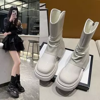 Сапоги женские модные и удобные старшие с толстым дном тонкие брюки сапоги ретро сапоги 35 хаки