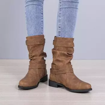 Сапоги женские на плоской подошве средней высоты, осенне-зимние, новые, с пряжкой на ремне, рыцарские сапоги, женские ботинки-сигареты большого размера с круглым носком в наличии 35 темно-коричневого