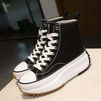 Сапоги, женские осенние новые модные джинсовые трендовые парусиновые туфли на плоской подошве со шнуровкой, повседневные легкие дышащие туфли на толстой подошве Aa-690 34 чёрный