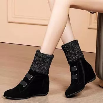 Сапоги женские с круглым носком и внутренней частью, увеличивающие рост, короткие сапоги, туфли на танкетке из хлопка, матовые женские сапоги большого размера 34 чёрный